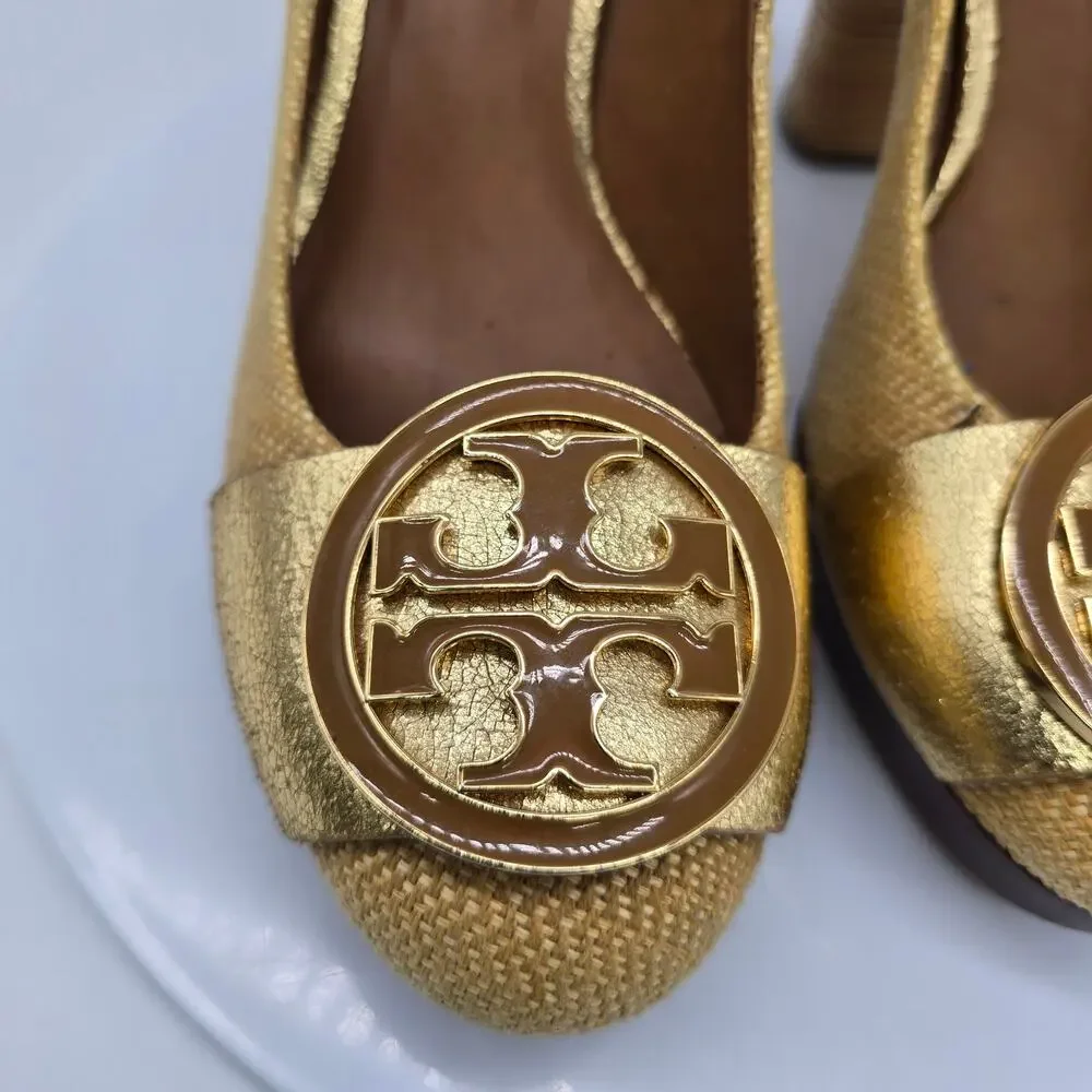 Tory Burch Women's Platform Block Heel Pumps Shoes Evening Party Gold Size 9M